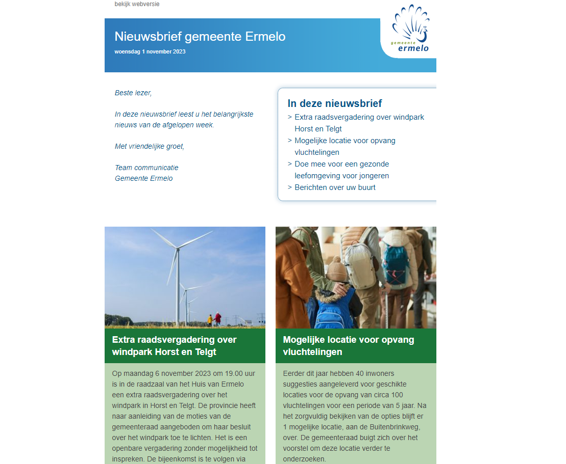 Dit is een voorbeeld van de nieuwsbrief van de gemeente Ermelo